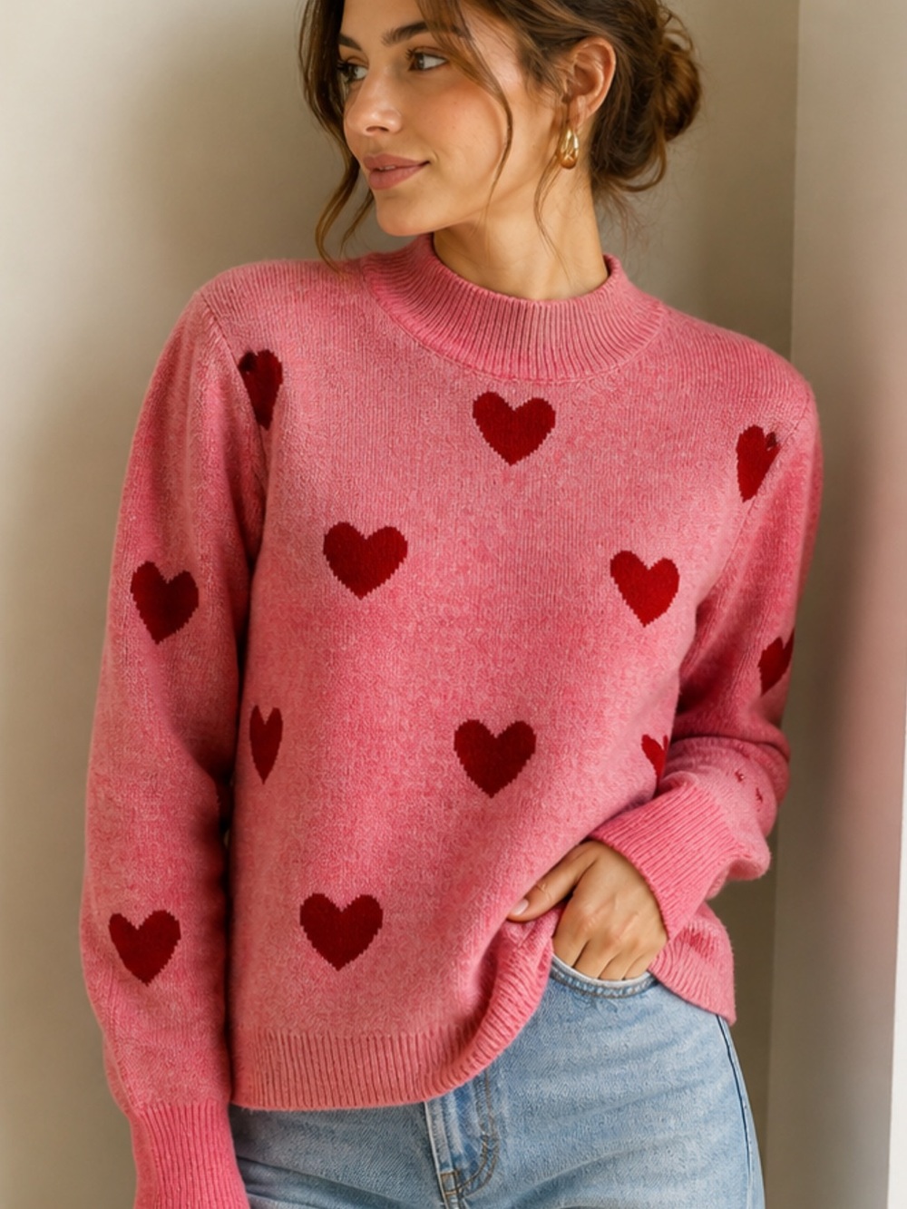 SHEIN Pink Crewneck Sweater with Red Heart Motif